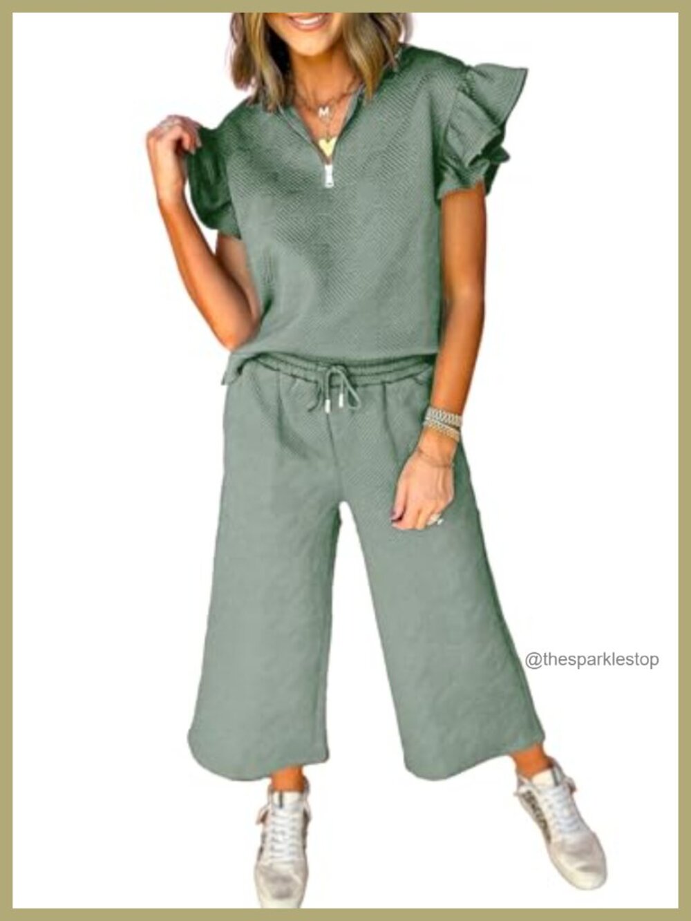 SHEWIN 2 Piece Lounge Set Ruffle Short Sleeve Polo Shirt & Pants Casual Outfit